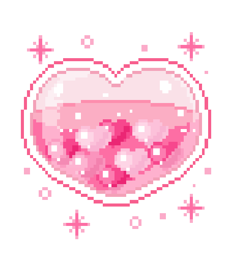 Gif of a sparkly, floating pink heart-shaped container, containing a pink liquid and smaller hearts floating within it.